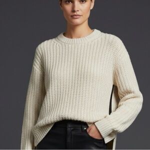 Tory Sport 100% Cotton Chunky Knit Off-White Crewneck Sweater Black Stripe Large